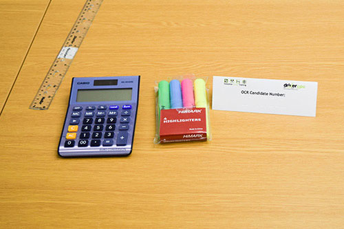 Calculator, ruler and pens